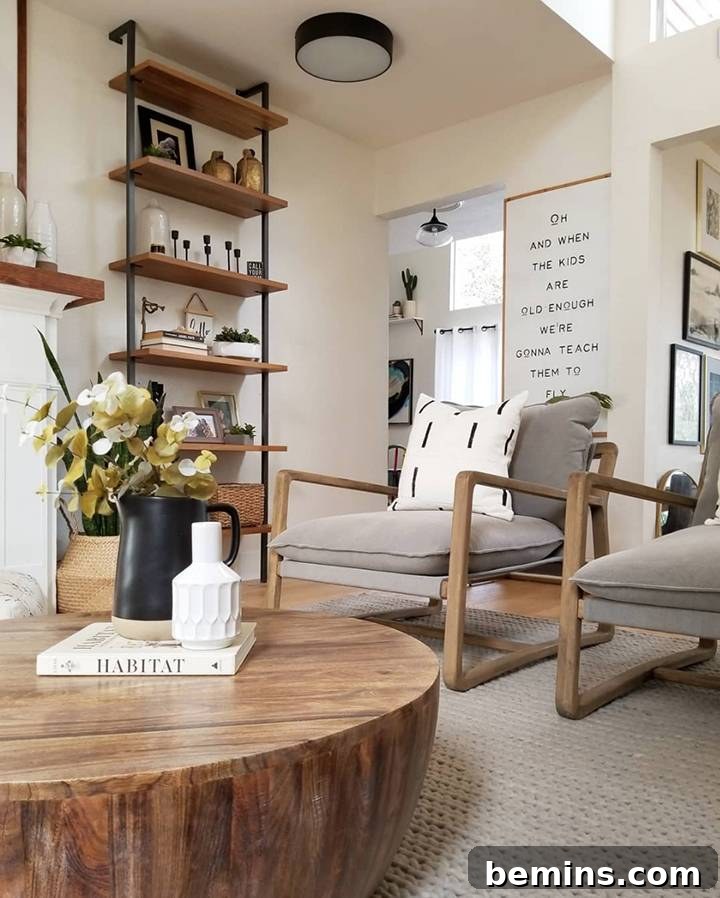 Bohemian space with Scandinavian influences, featuring clean lines, natural wood, and textured elements from Kismet House.