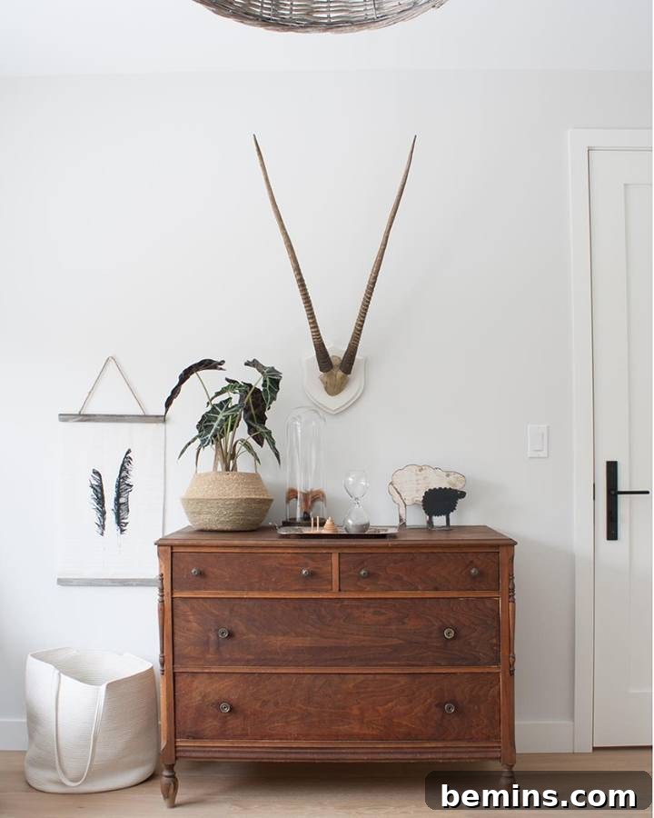 Beautifully styled vignette combining bohemian and modern elements, featuring natural materials and clean lines by LemonTree Interiors.