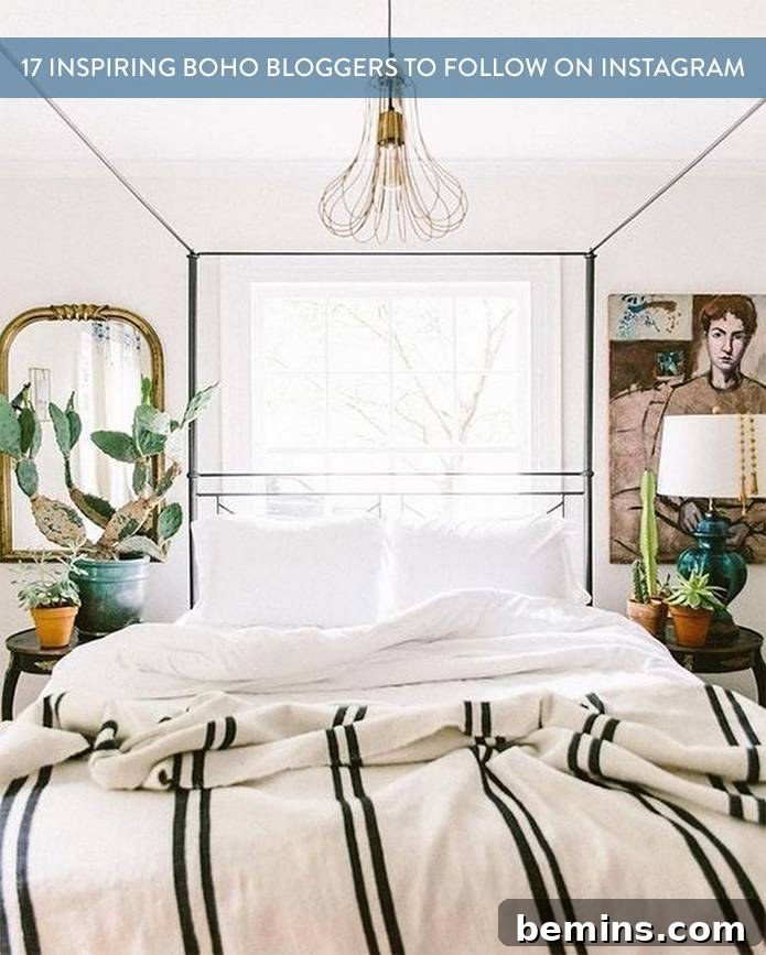Pinterest pin graphic: '17 Inspiring Boho Bloggers To Follow On Instagram' featuring an eclectic living space with plants and textured decor.