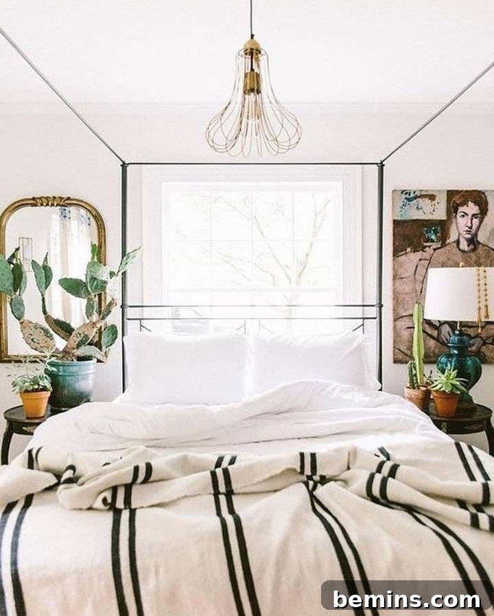 Eclectic bohemian space featuring various plants, a woven rug, and unique decor elements from The Good Abode.