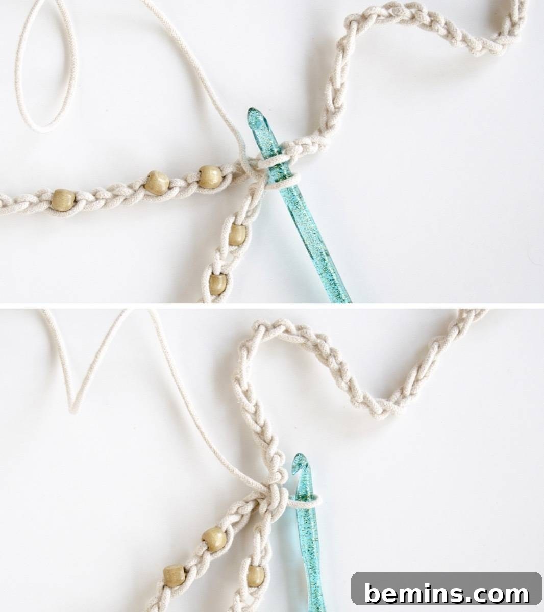 Not Macrame: A Fresh Take on DIY Plant Hangers 12 Joining the second strap to the first using crochet