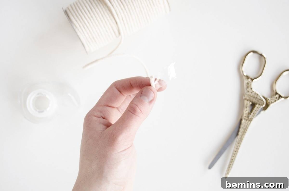 Not Macrame: A Fresh Take on DIY Plant Hangers 5 Close-up of macrame cord with tape wrapped around the end