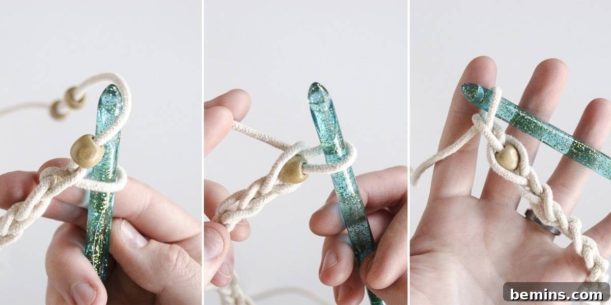 Not Macrame: A Fresh Take on DIY Plant Hangers 10 Close-up of how to add a wooden bead while crocheting