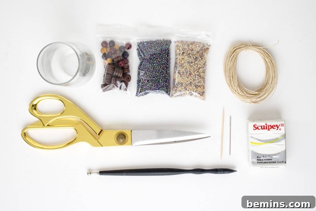 Materials for Making a Moon Phase Wind Chime: Clay, Cording, Beads, and Tools