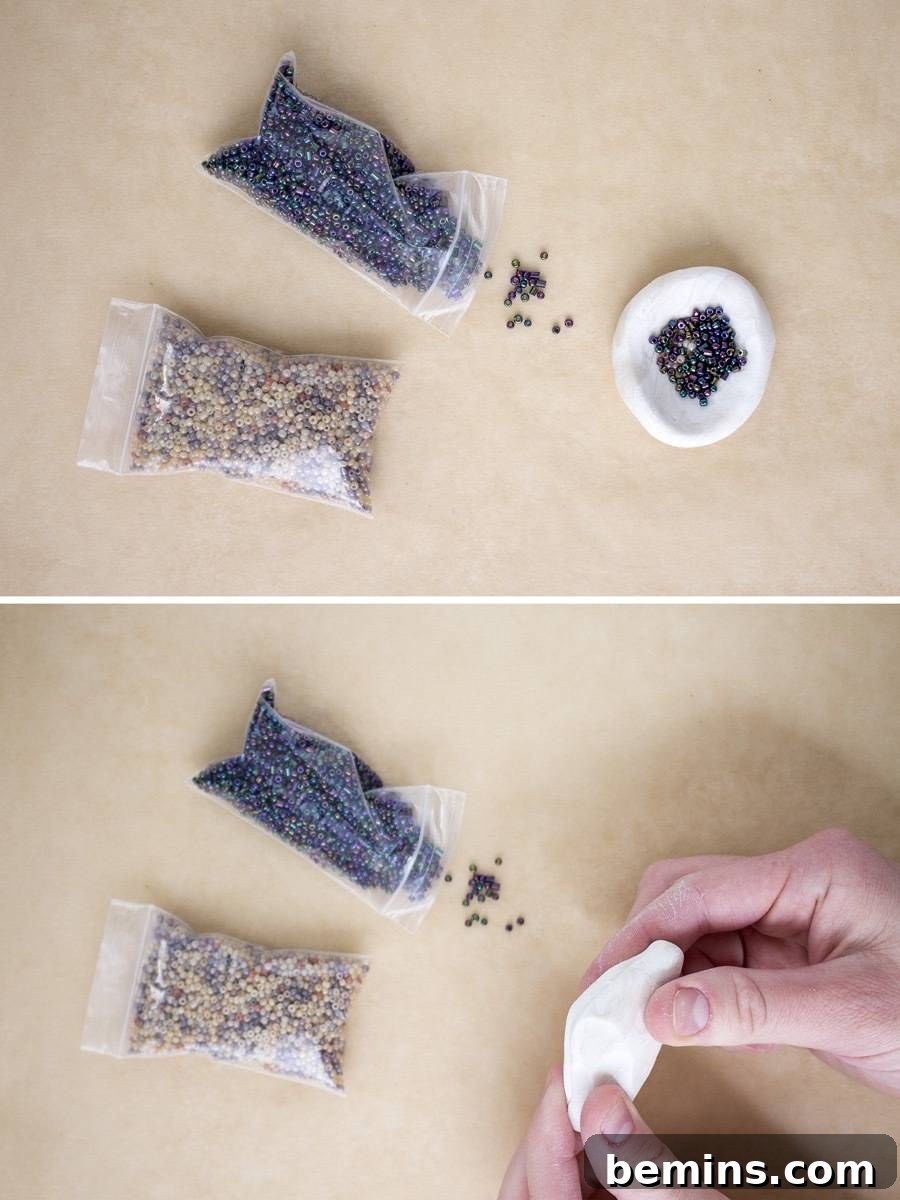 Preparing Clay with Seed Beads for DIY Moon Phase Wind Chime