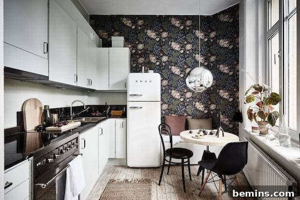 Dark Floral Accent Wall in a Kitchen