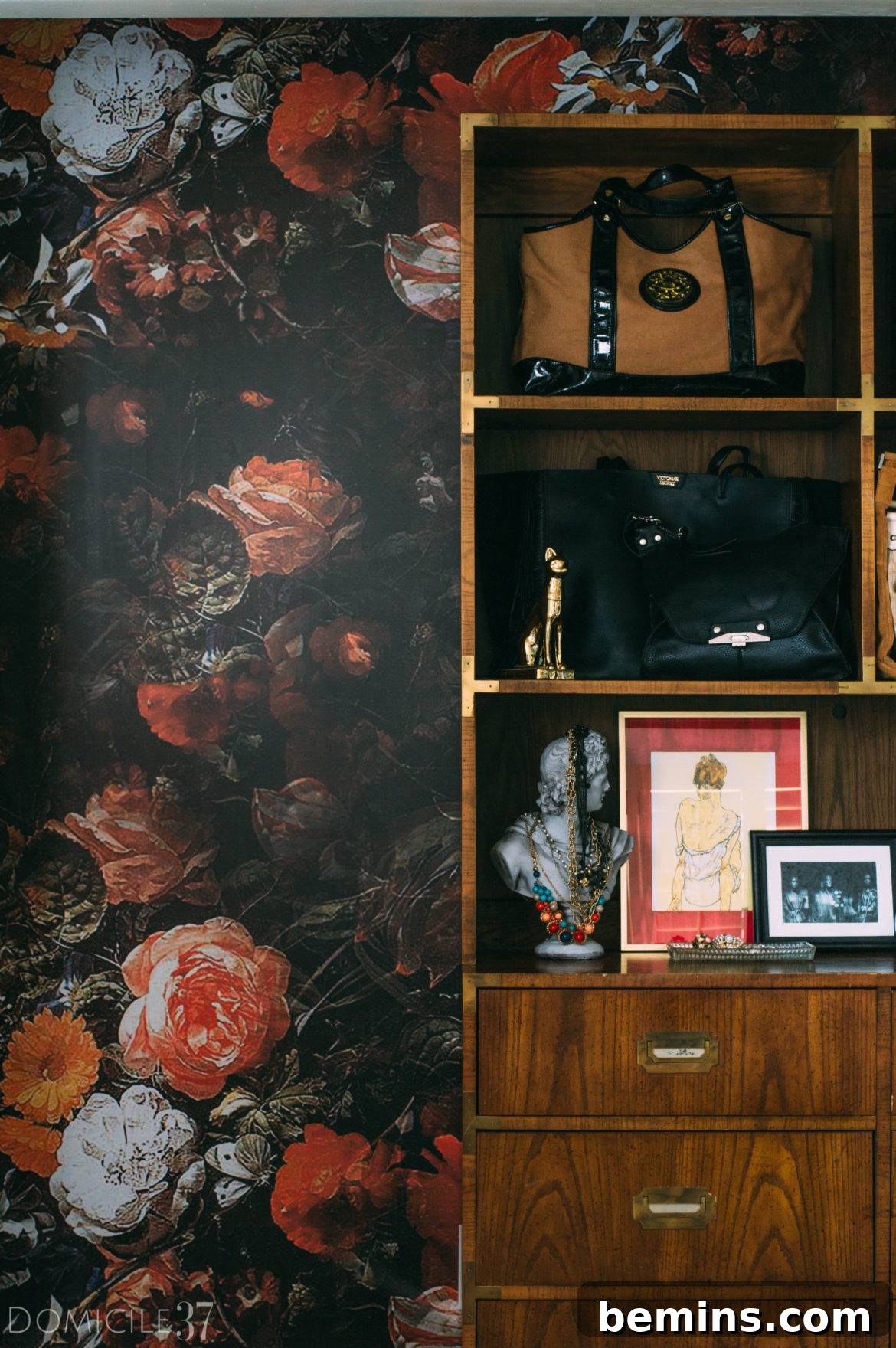 Dark Moody Floral Wallpaper in a Closet