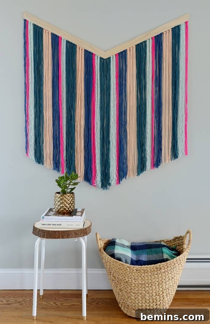 Chevron yarn wall hanging adding texture and color to a room.