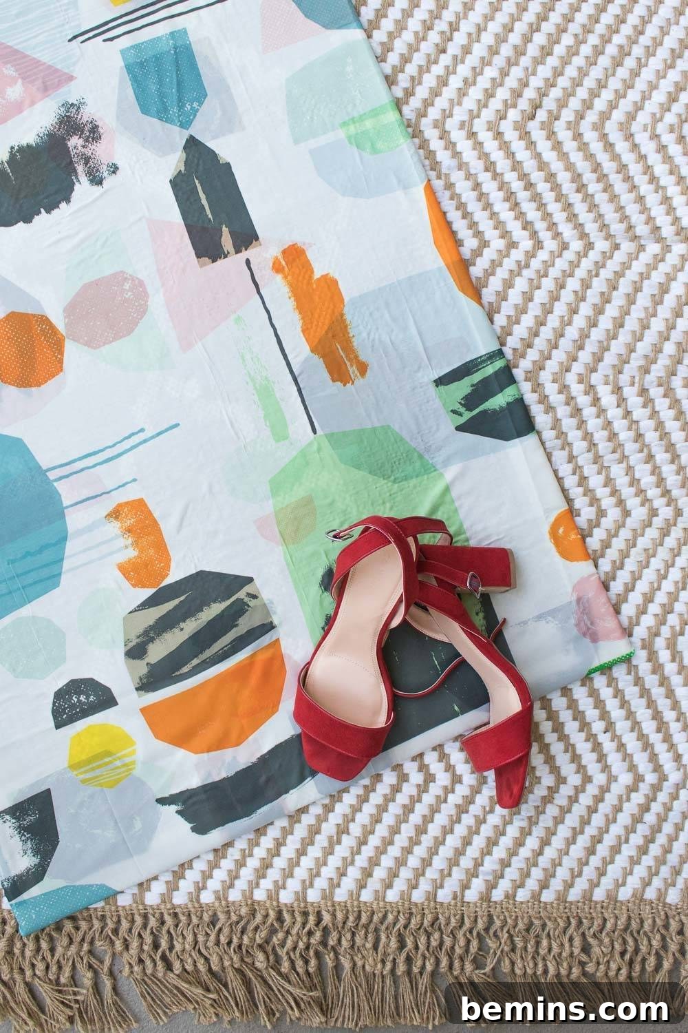 IKEA Shower Curtain Rug DIY: Budget-Friendly Outdoor Decor 3 Red shoes on a colorful blanket, highlighting the finished look of the DIY outdoor rug made from a repurposed shower curtain.