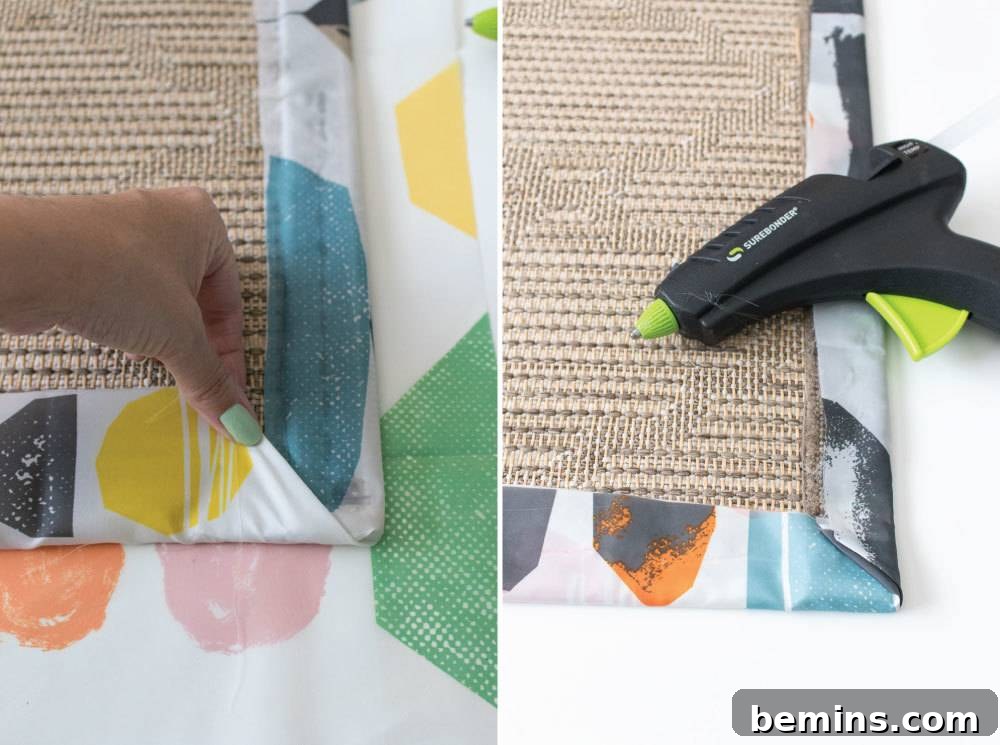 IKEA Shower Curtain Rug DIY: Budget-Friendly Outdoor Decor 9 A person kneeling and decorating a blouse, indicating a hands-on activity involving creativity and attention to detail.