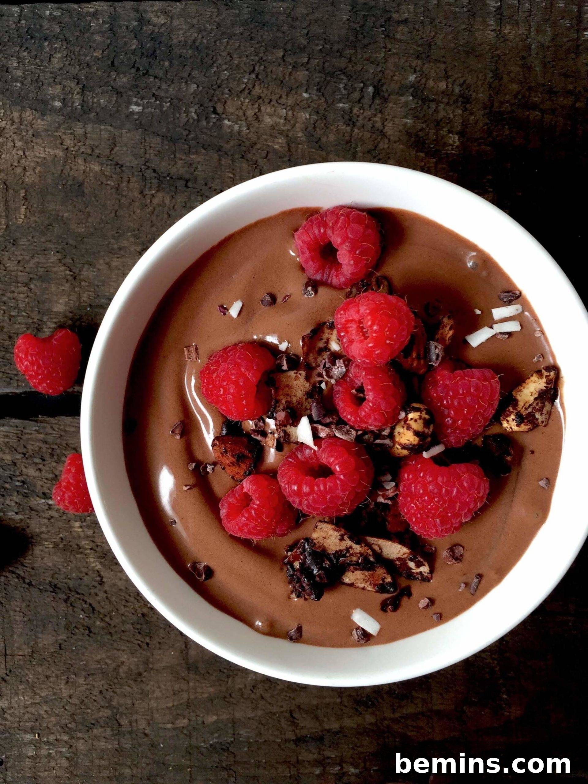 A chocolate peanut butter smoothie bowl with raspberries