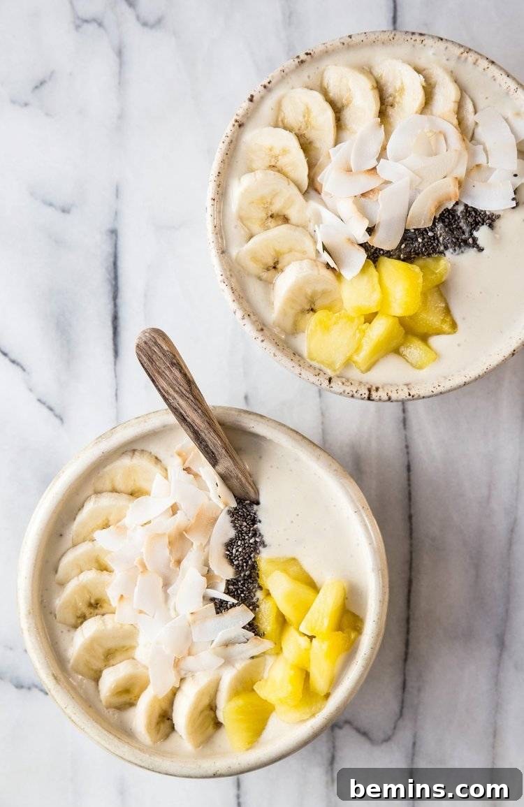 Pineapple coconut smoothie bowls with fruit