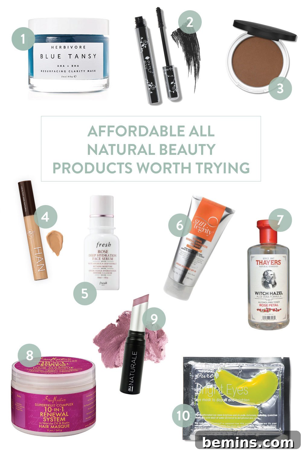 A curated selection of natural beauty essentials including mascara, blush, concealer, lipstick, face wash, cleanser, lotion, and a revitalizing banana mask.