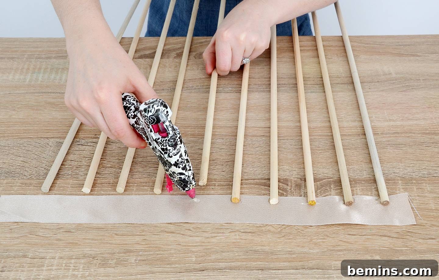 Lining up the Dowel Rods and Ribbon