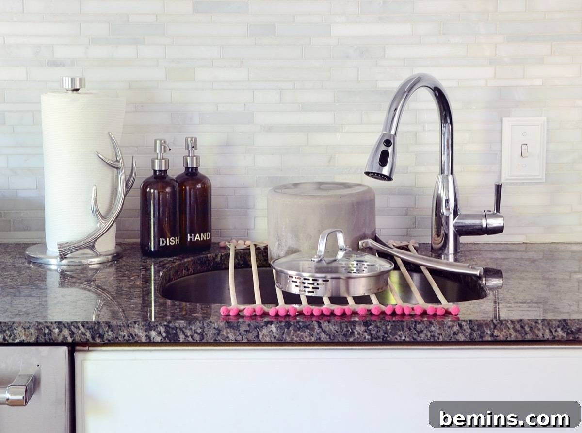 The Completed DIY Roll-Up Dish Drying Rack Over the Sink