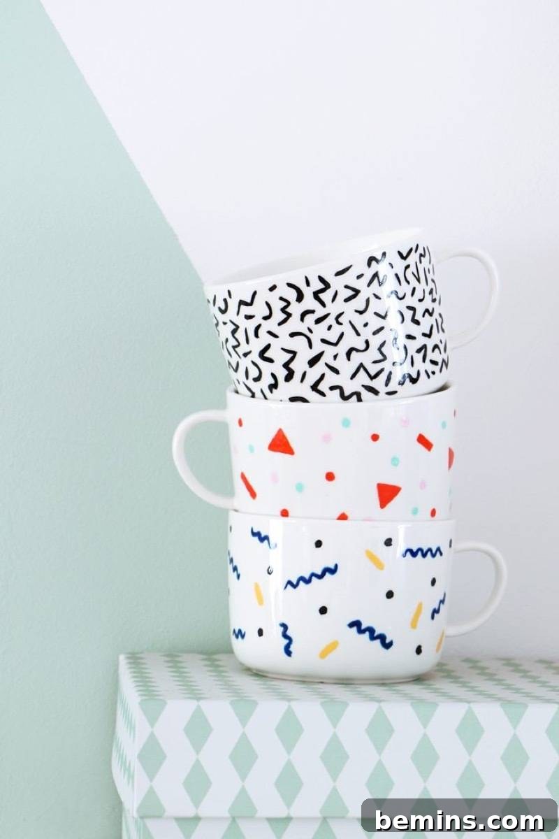 Memphis-style mugs project, from My Attic blog