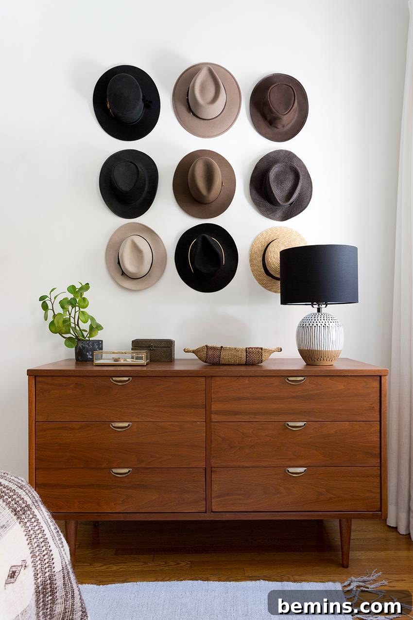 Chic bedroom wall decor using a hat collection