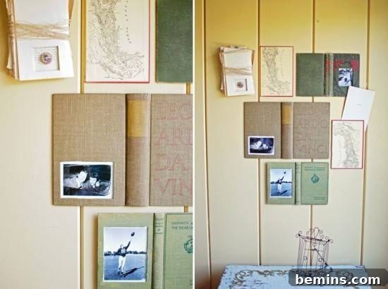 Books converted into wall decorations with pictures.