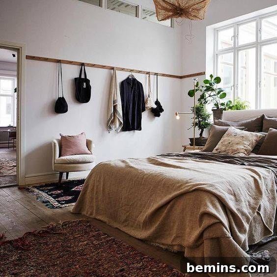 Functional and stylish bedroom wall decor with wooden hooks