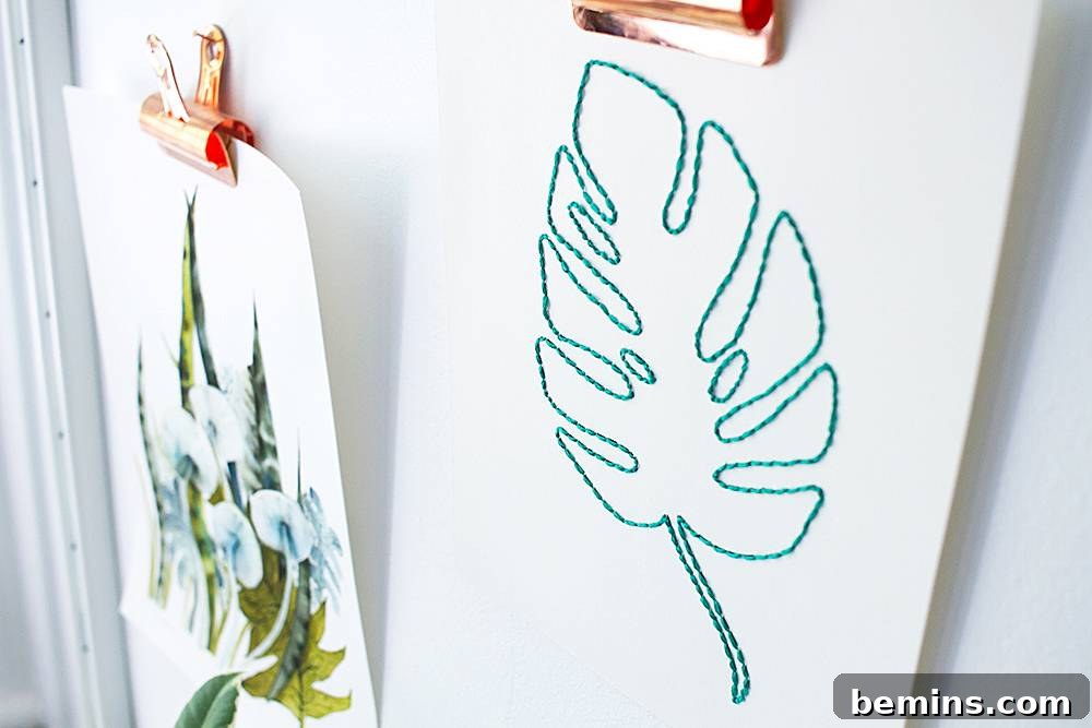 DIY Embroidered Monstera Leaf Art on a wall