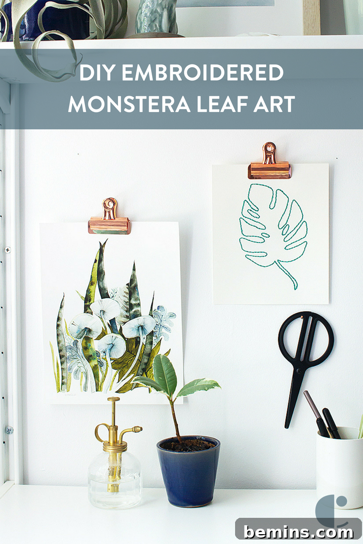 DIY Embroidered Monstera Leaf Art