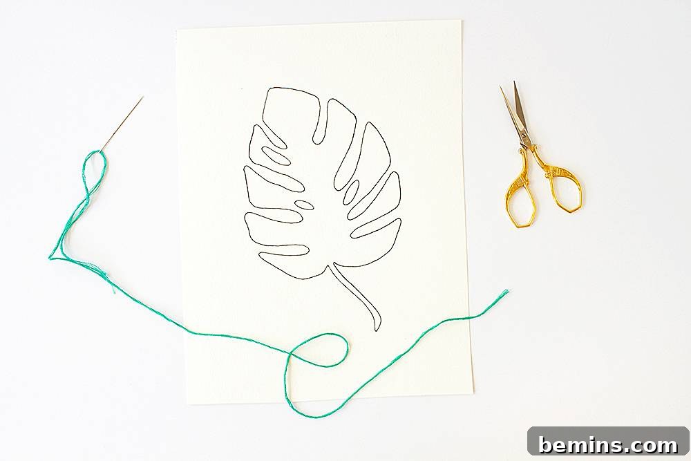 Materials for DIY Embroidered Monstera Leaf Art