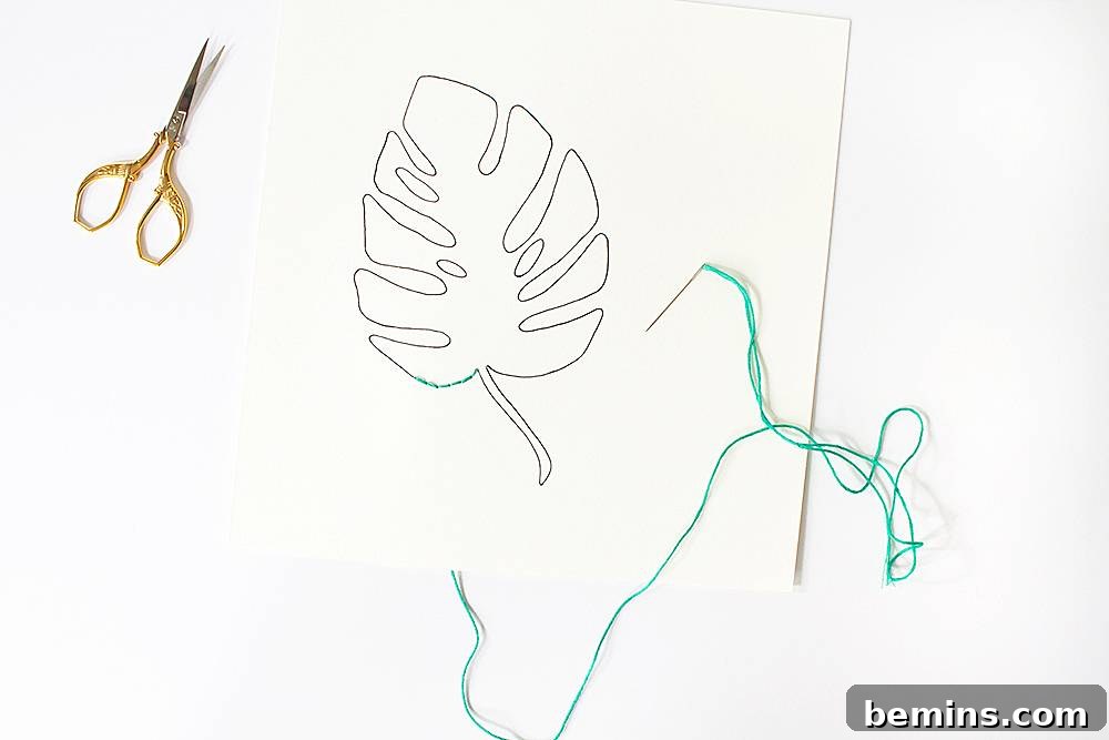 Start stitching the outline of the leaf