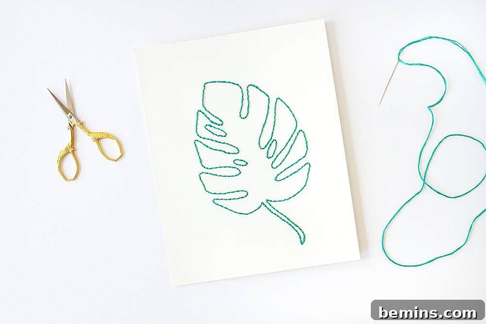 Finished embroidered monstera leaf art