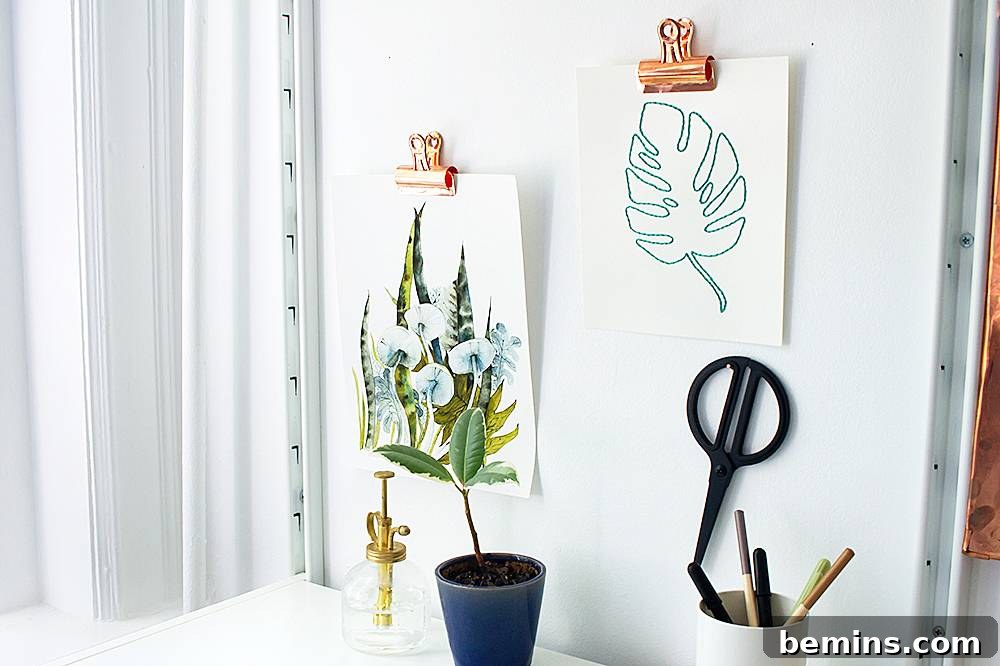 Close up of DIY Embroidered Monstera Leaf Art