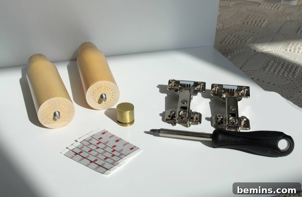 IKEA BESTA Hack: Geometric Nightstand Transformation 4 Materials needed for this nightstand makeover, including IKEA BESTA unit, hinges, screwdriver, Norse Interiors components