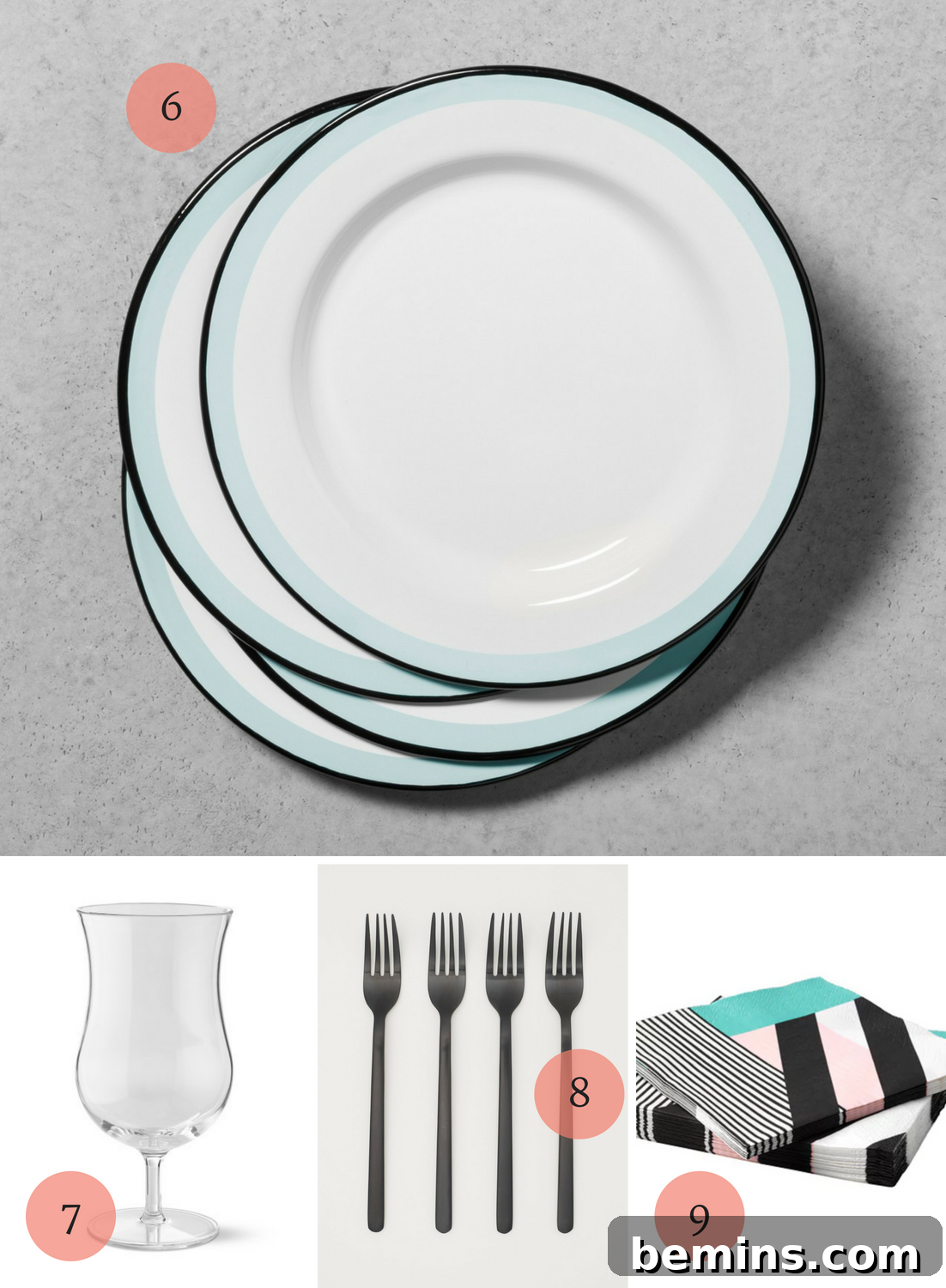 Tabletop Decor for a Mid-Century Modern Patio: Enamelware, Shatterproof Drinkware, and Modern Napkins
