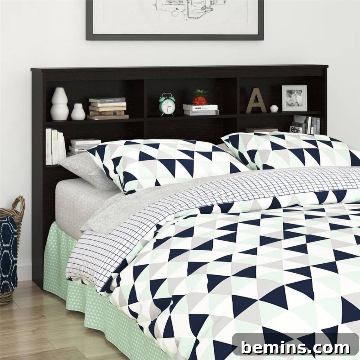 Bed with headboard shelf