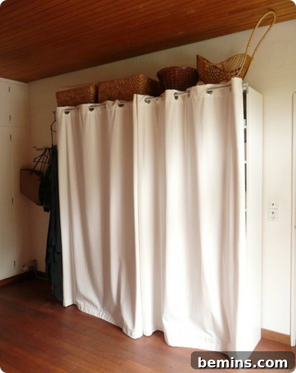 Standing closet surrounded by a curtain