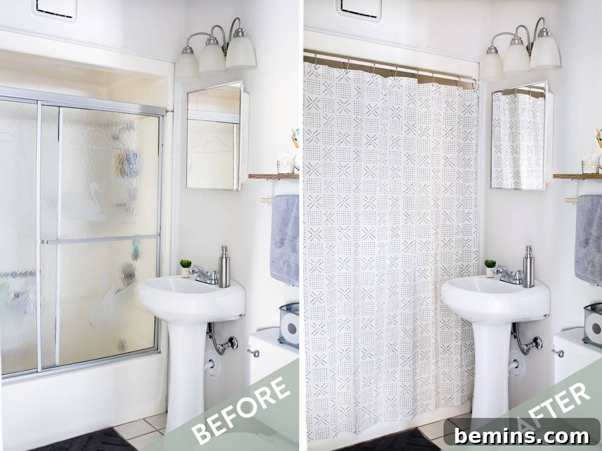 Curtain hung over glass shower doors