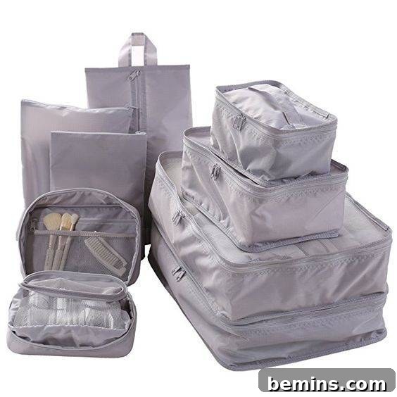 Colorful packing cubes inside a suitcase