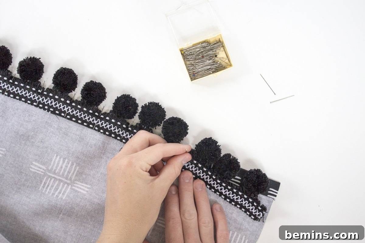 Crafting a Chic Body Pillow Cover: A DIY Guide 6 Pinning fringe to a body pillow cover