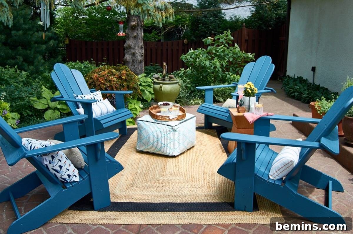 Summer-Ready Patio: A Fast & Fun Refresh 12 A cute patio with bright blue Adirondack style chairs,