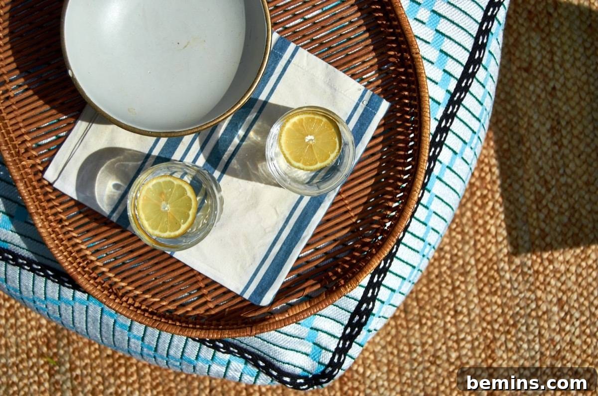 Summer-Ready Patio: A Fast & Fun Refresh 18 A white bowl on a blue and white napkin next two to glasses of ice water with lemon