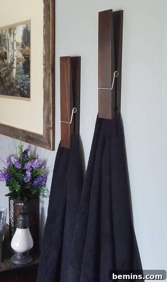 Bathroom with giant clothespin hooks for towels