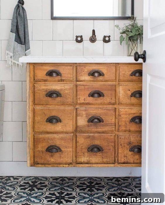 Bathroom with a rustic vanity and vintage-inspired decor