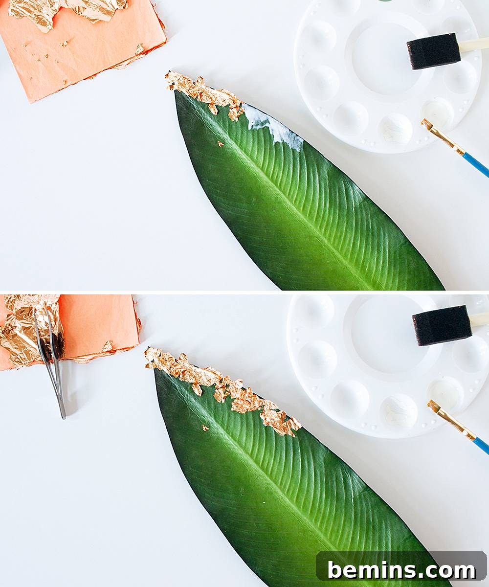 Repeating the copper leafing process to achieve desired coverage.
