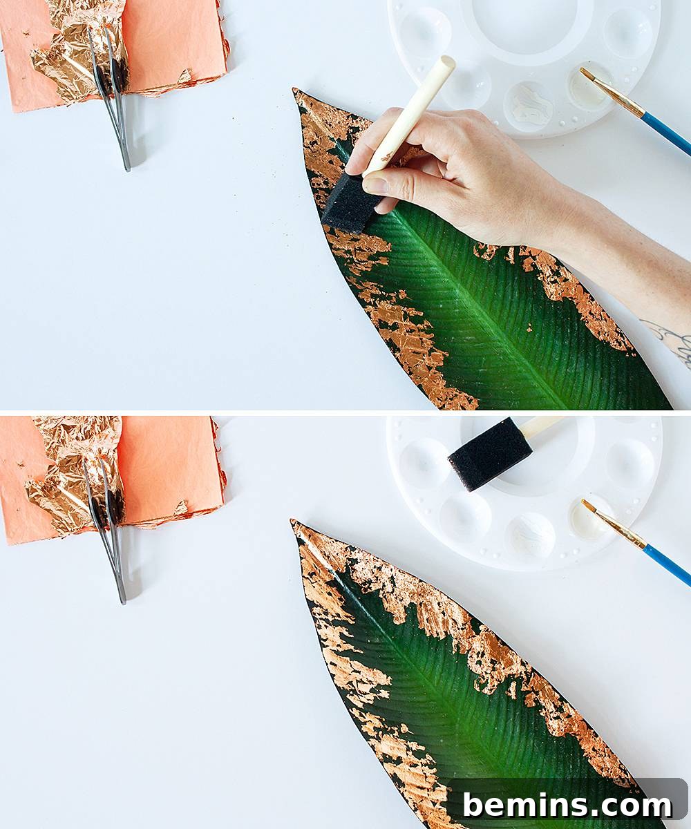 Using a foam brush to gently remove excess copper leaf.