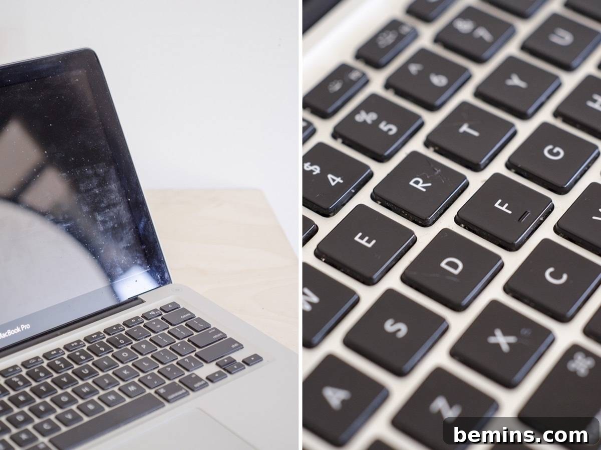 Close-up of a dirty laptop before cleaning