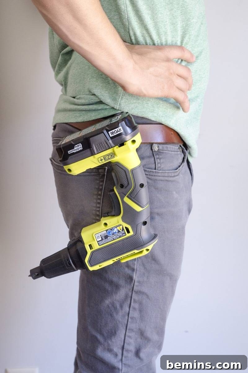 The Ryobi drywall screw gun with belt clip
