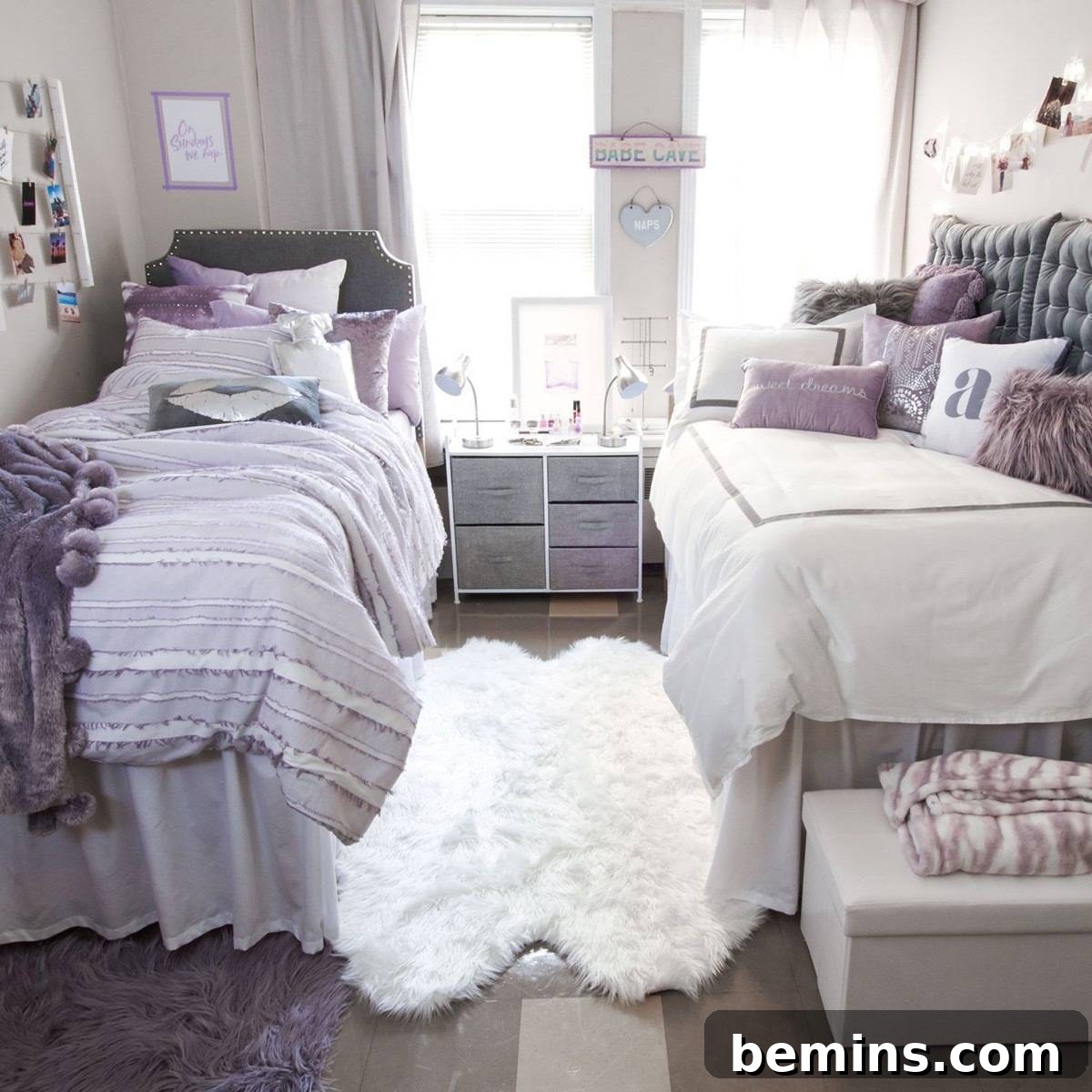After: Two beds are separated by a lush rug.