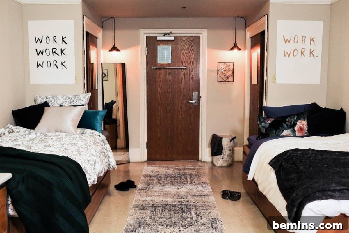 After: Bed room with beds, bed sheets, rug and pillows.