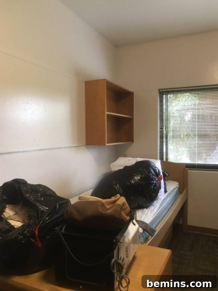 Before: A dorm room with empty shelves and black clothing bags on the bed.