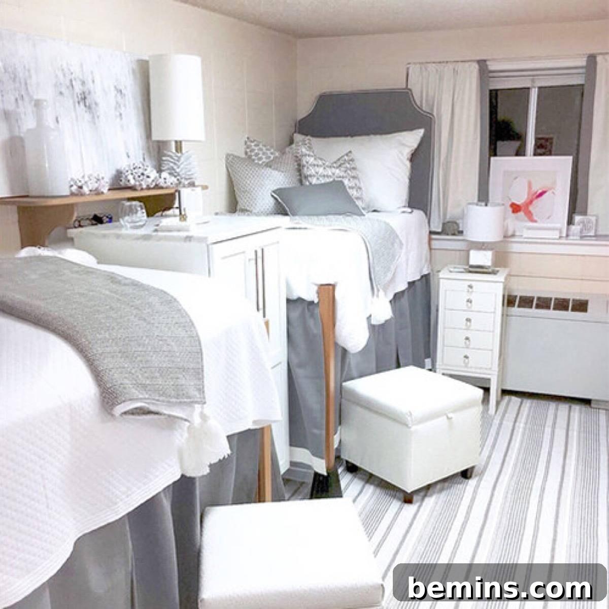 After: Bedroom along with beds, stools, bed sheets and pillows.