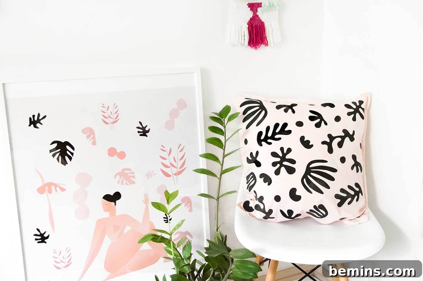 Close-up of heat-set vinyl decals on a pillow