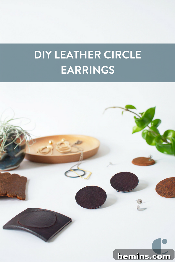 Simple Minimal Leather Earring Project 16 Pin this image: How to make leather circle earrings, a DIY craft tutorial.